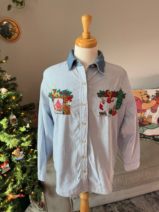 By the fireplace button up