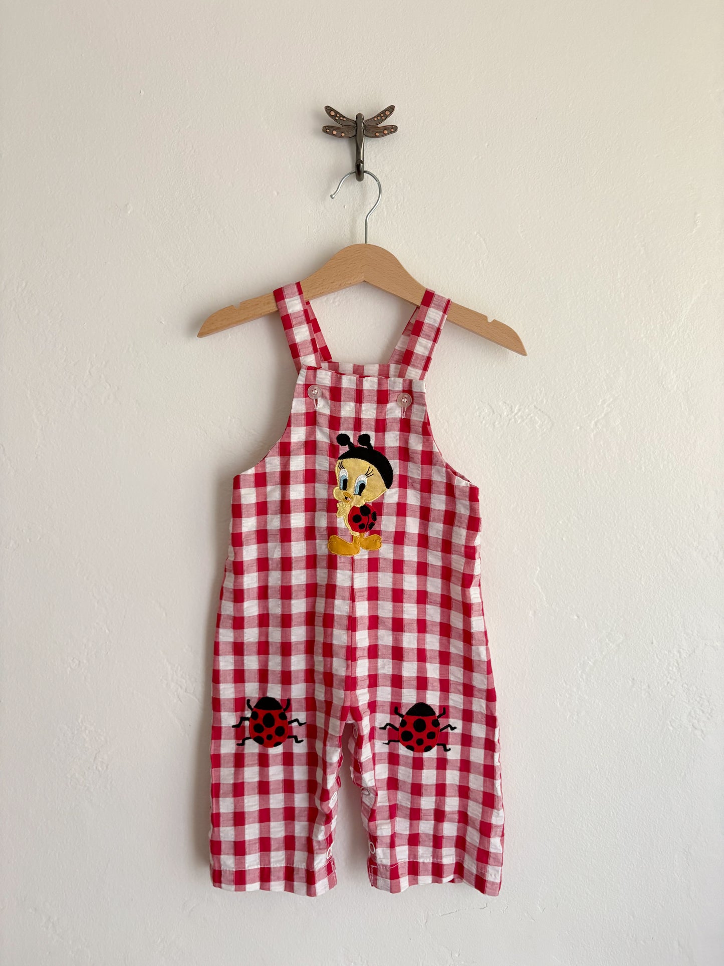 gingham ladybug tweety overalls (12/18M) *handmade upcycle, please read!*
