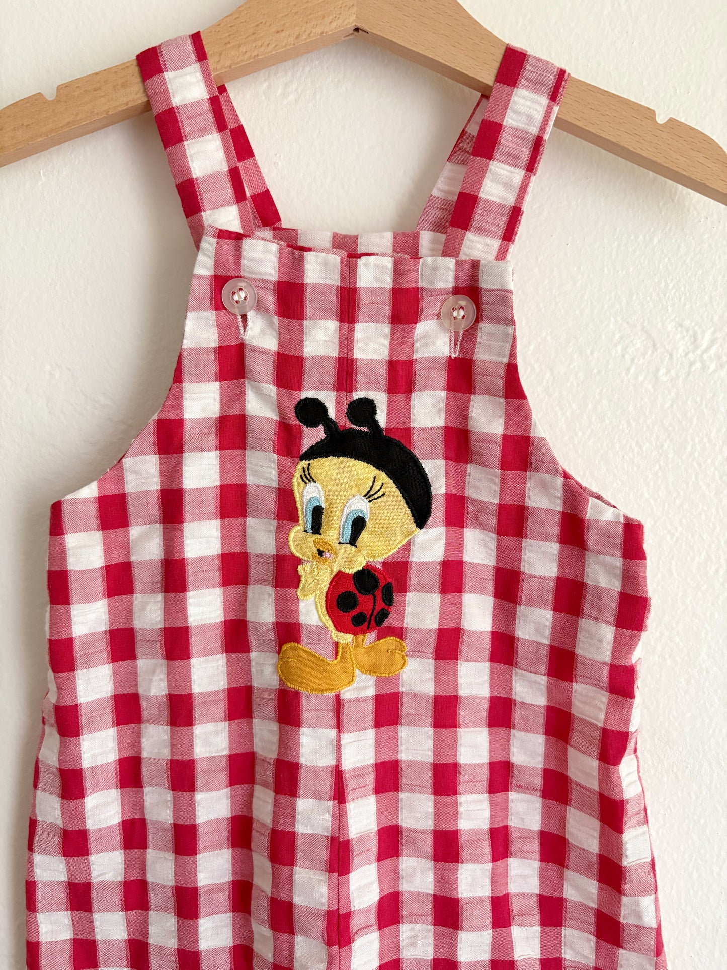 gingham ladybug tweety overalls (12/18M) *handmade upcycle, please read!*