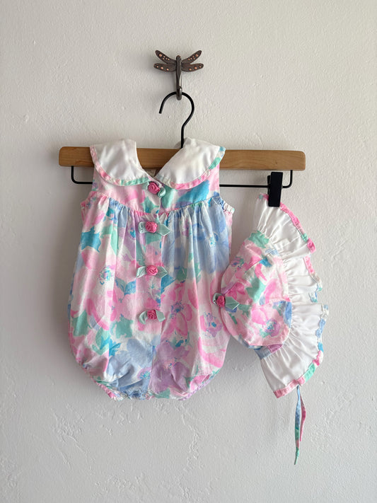 vintage romper + hat set (3/6M)