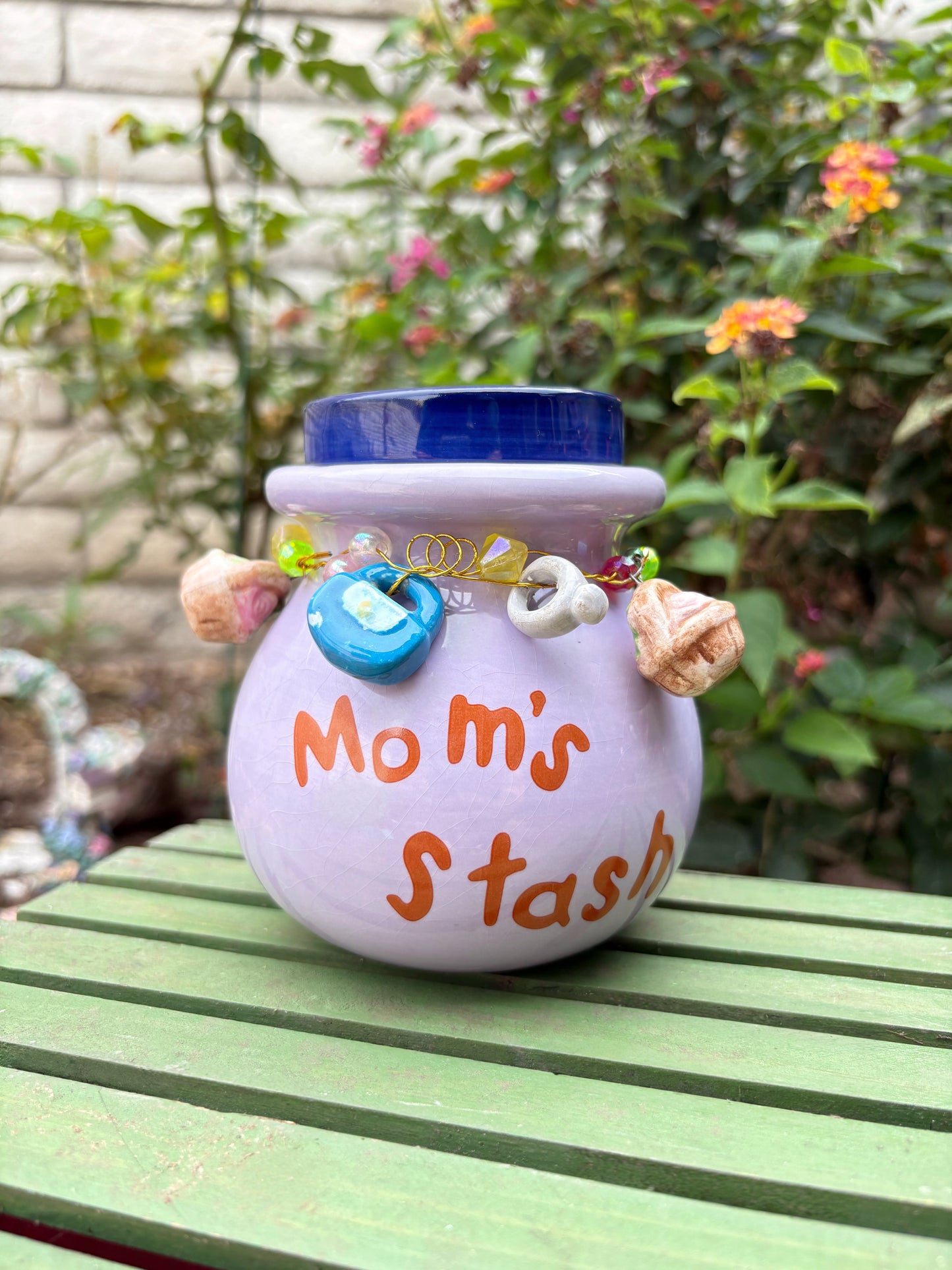 "mom's stash" ceramic jar